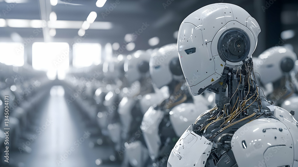 Fototapeta premium Row Of Robotic Figures In Industrial Setting