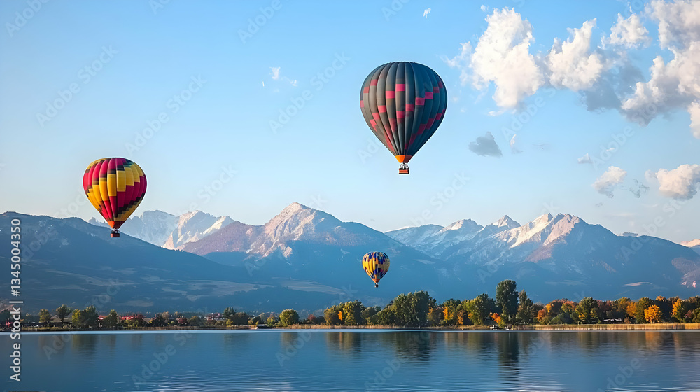 Fototapeta premium Vibrant Hot Air Balloons Floating Over Mountainous Lake Landscape Under a Clear Blue Sky