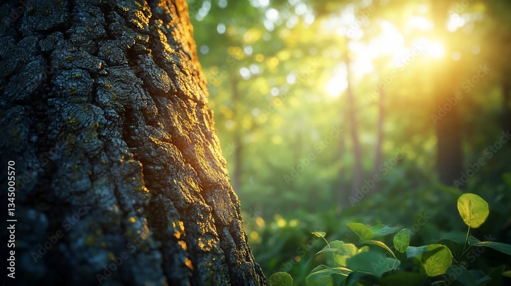 Obraz premium Sunlit Forest Tree Bark Texture Close Up