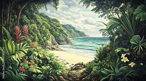Serene tropical beach scene framed by lush greenery, depicting a tranquil ocean view under a cloudy sky