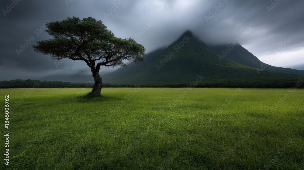 Obraz premium Solitary tree in a lush meadow, misty mountain backdrop