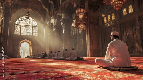 An imam leading a congregation in prayer inside a magnificent mosque, intricate Islamic calligraphy adorning the walls