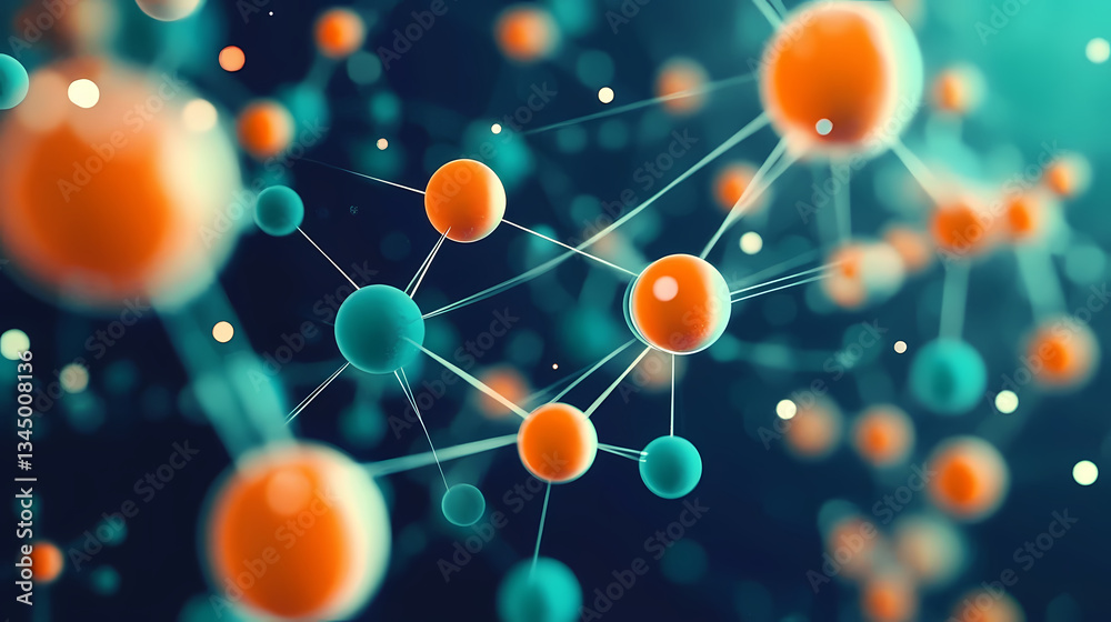 Molecular structure with orange and blue spheres connected by lines