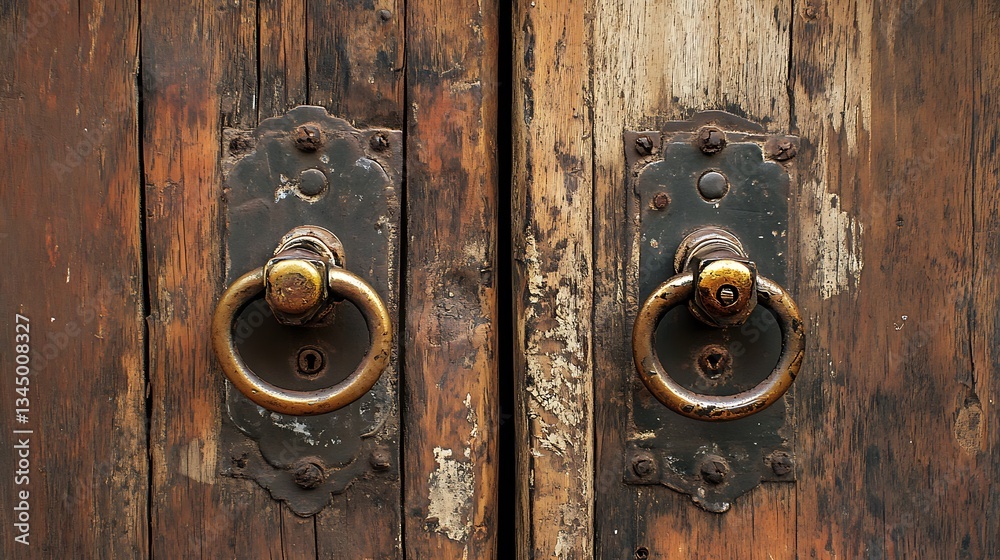 Fototapeta premium Antique Wooden Door with Ornate Brass Door Handles