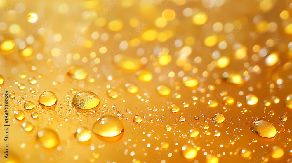 Golden droplets forming abstract patterns on golden yellow background