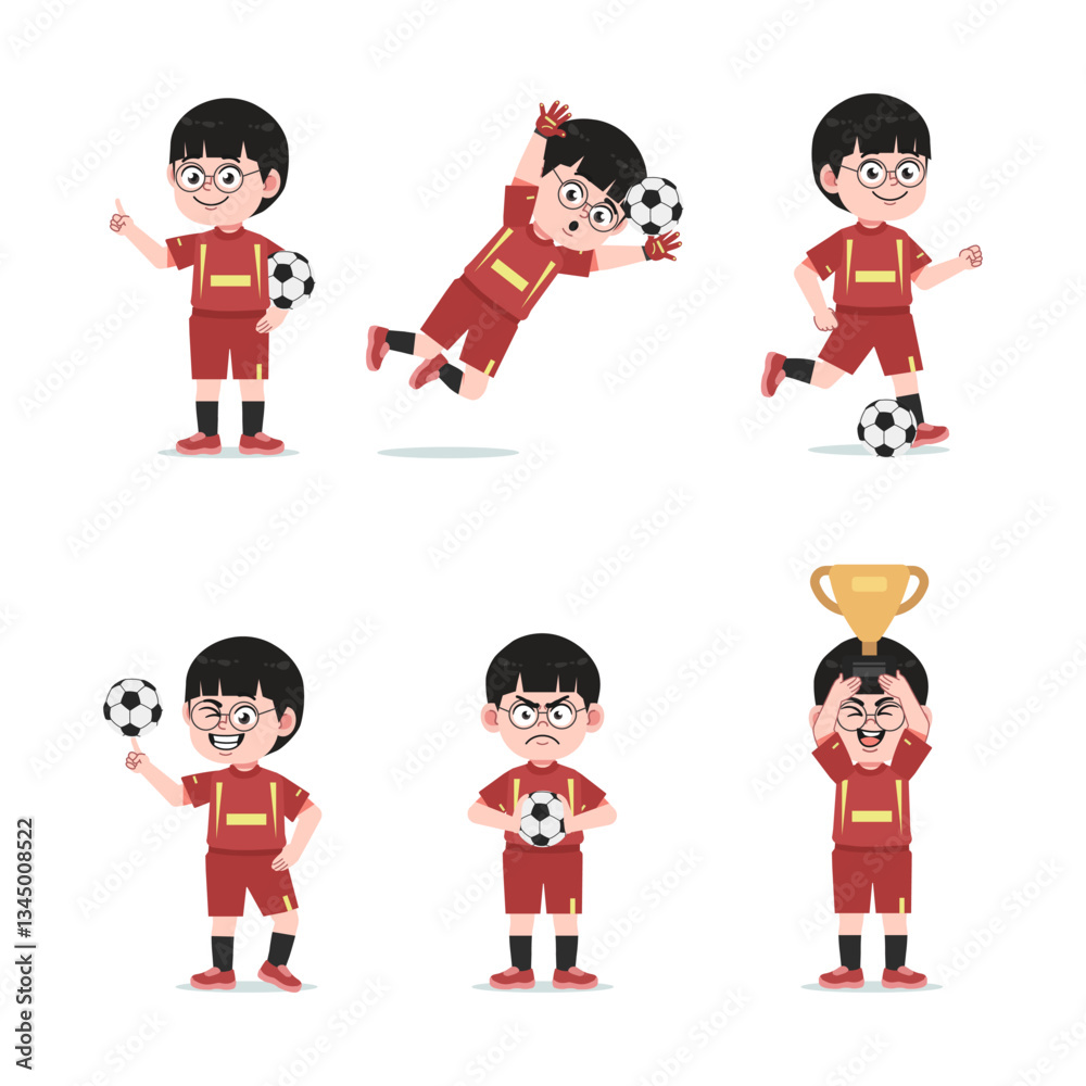 Cute Chinese Boy with Glasses cartoon Character Playing Football Cute Chinese Boy with Glasses cartoon Character Playing Football