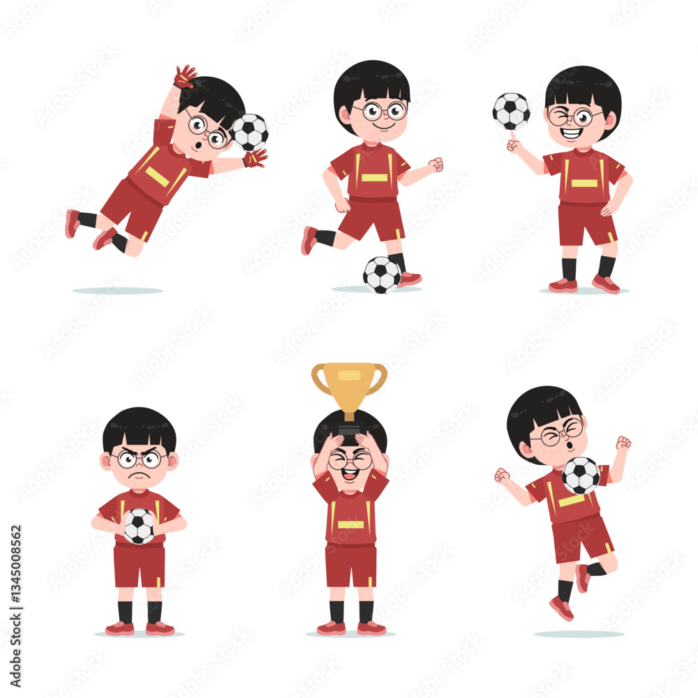 Cute Chinese Boy with Glasses cartoon Character Playing Football Cute Chinese Boy with Glasses cartoon Character Playing Football