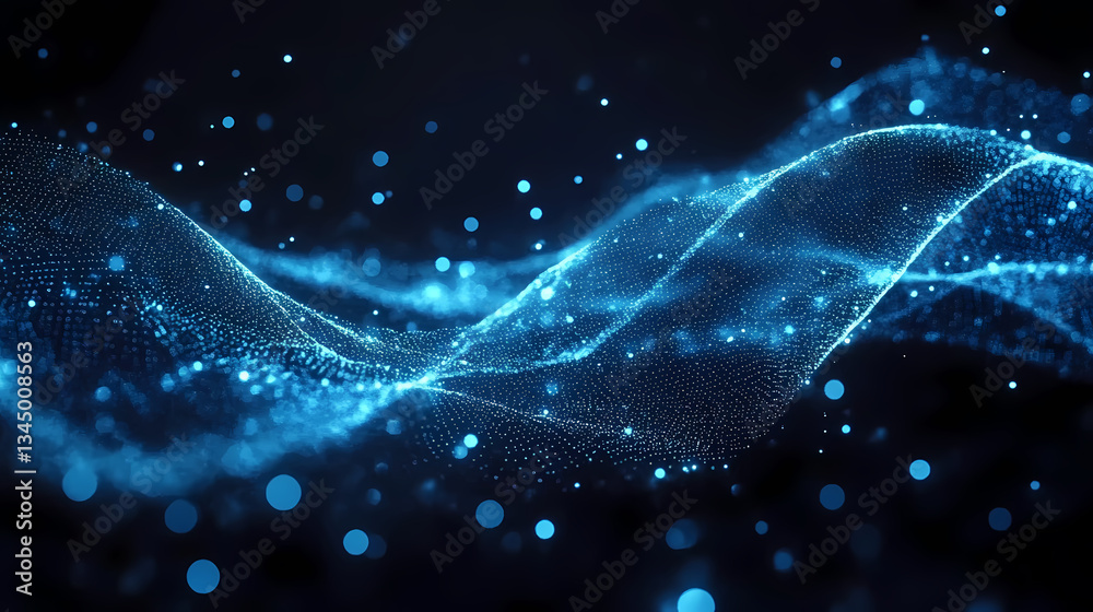 Abstract blue wave with white light dots on black background