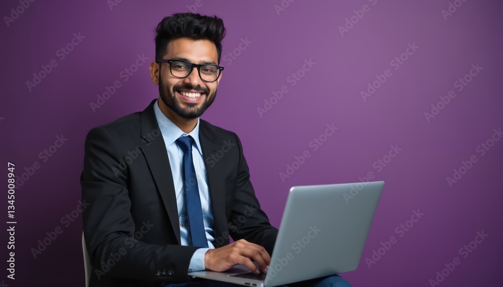 Smiling young indian businessman in black suit works on laptop against purple backdrop. Confident entrepreneur types on computer. Pro office job. Modern tech workspace. Digital cyberspace background. Smiling young indian businessman in black suit works on laptop against purple backdrop. Confident entrepreneur types on computer. Pro office job. Modern tech workspace. Digital cyberspace background.