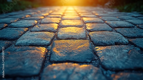 Cobblestone path bathed in golden sunset light photo