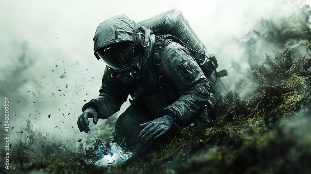 Post Apocalyptic Hazmat Explorer in Smoky Landscape Post Apocalyptic Hazmat Explorer in Smoky Landscape
