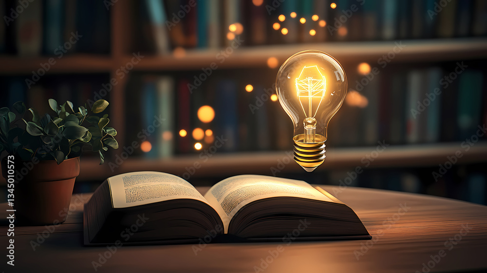 Open book and glowing light bulb on wooden desk in library