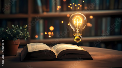 Obraz na płótnie Open book and glowing light bulb on wooden desk in library w salonie