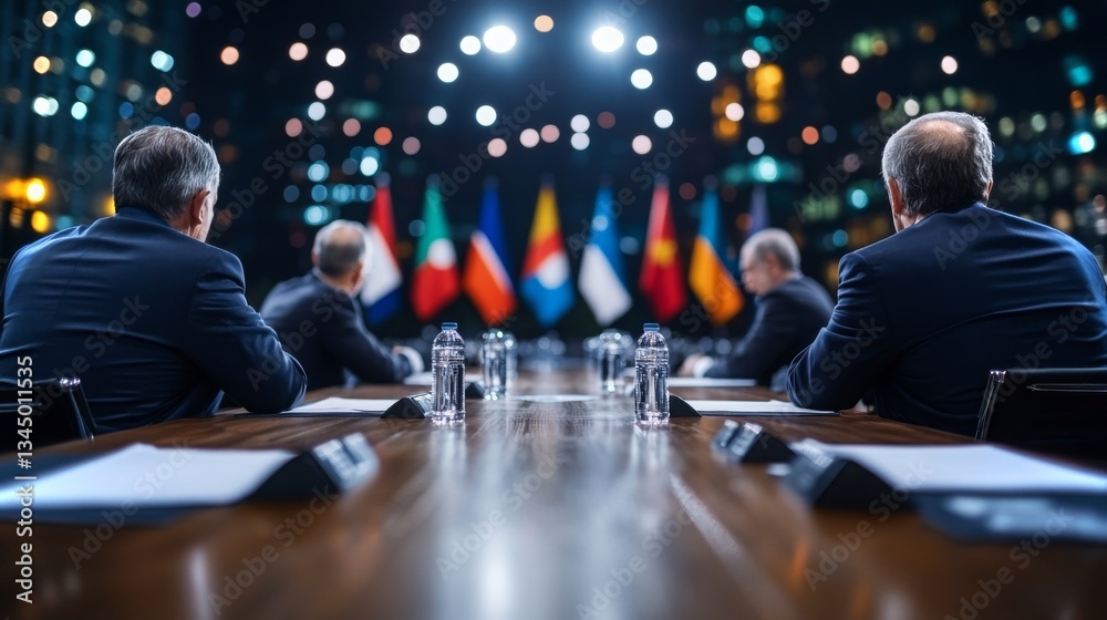 Leaders gather for an international summit in a vibrant city center during the evening