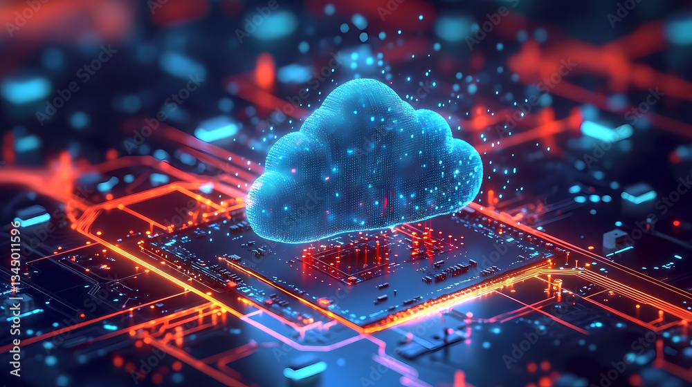 Cloud storage concept with glowing LEDs and data cloud