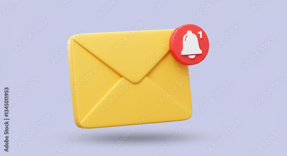 A cheerful yellow email envelope awaits, a single notification bell rings, signaling exciting news in a minimalist 3D design. A cheerful yellow email envelope awaits, a single notification bell rings, signaling exciting news in a minimalist 3D design.