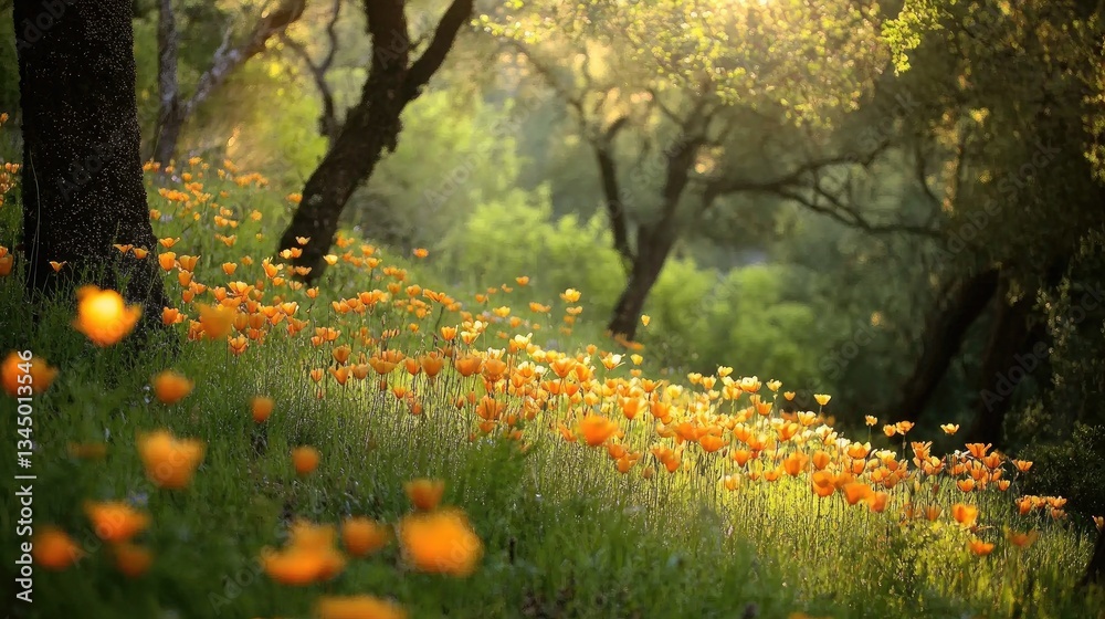 Obraz premium Vibrant Meadow with Golden Poppies and Sunlit Trees on a Spring Afternoon in Nature's Embrace