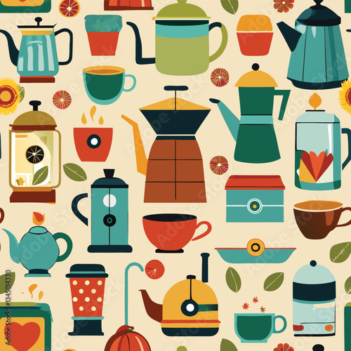 Simple Hand-Drawn Collection of Coffee Set Elements in Flat Style