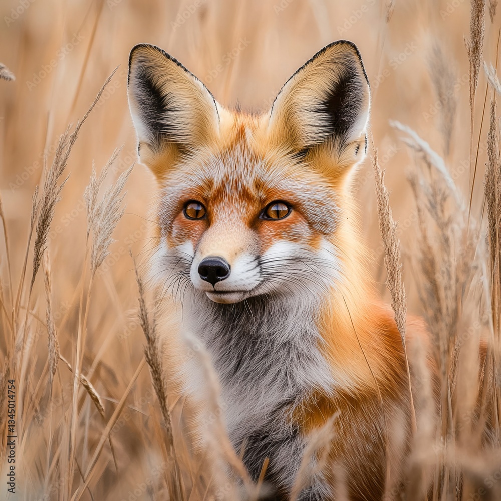 Obraz premium Serene and captivating a red fox peeking out from tall golden grass captured differently.