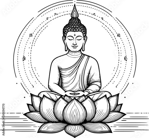 buddha in the lotus ,line art, isolated on white