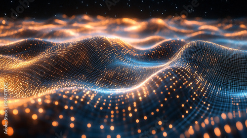 Abstract representation of flowing digital waves with glowing particles in a dark background