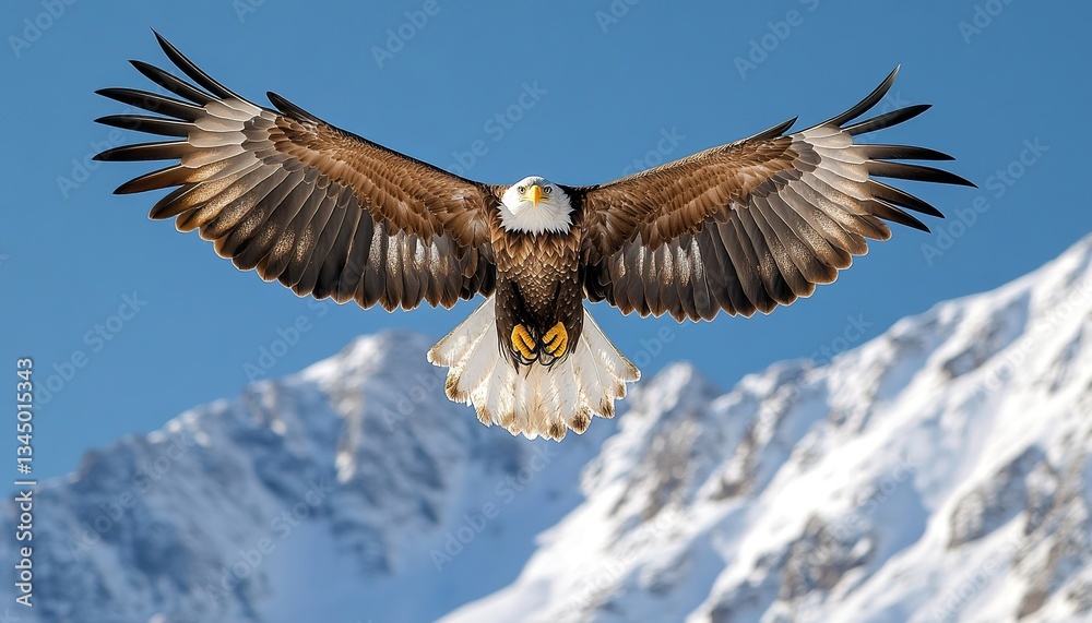 Obraz premium A powerful eagle soaring high above snowy mountain peaks with a breathtaking perspective.