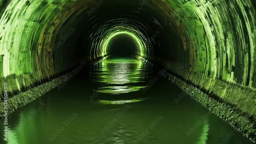 Enigmatic Green Tunnel: A subterranean waterway bathed in an eerie green glow, leading to an unseen destination.