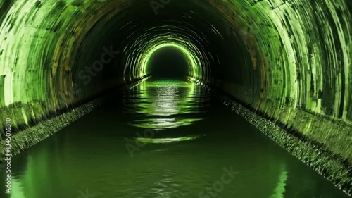 Enigmatic Green Tunnel: A subterranean waterway bathed in an eerie green glow, leading to an unseen destination.