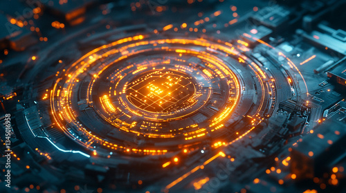 Abstract digital technology background with glowing circuits and patterns in a futuristic setting