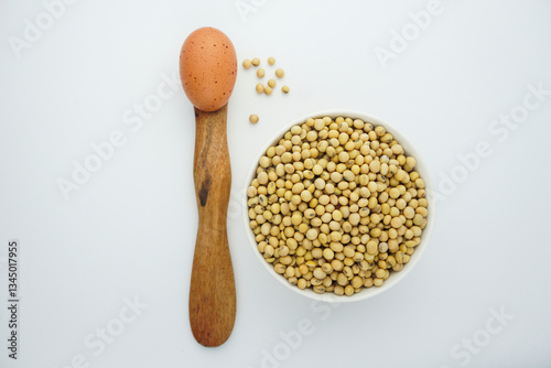 soybeans in a wooden bowl. top view
