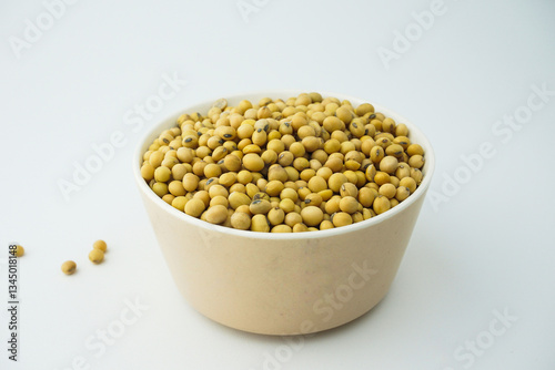 soybeans in a wooden bowl. top view