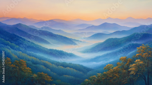 Serene sunrise over misty mountains with layered hills and vibrant autumn foliage in the foreground