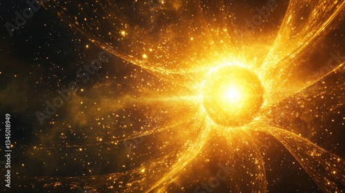 Glowing Starburst in Cosmic Space with Radiating Energy and Sparkling Stars in the Night Sky