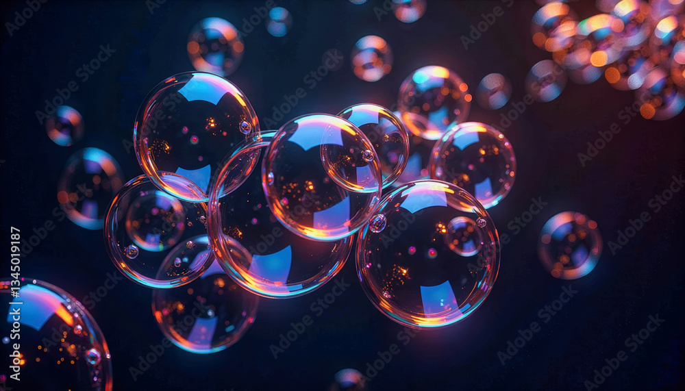 Naklejka premium Glowing iridescent bubbles float suspended in a dark, mysterious space, reflecting vibrant colors and intricate light patterns. Graphical resource for design and downstream advertisement purposes