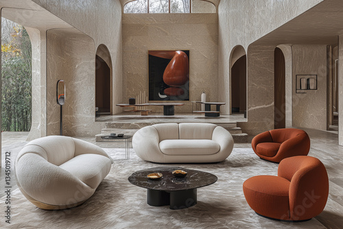 modern living room featuring soft, muted colors with elegant furniture. space includes white sofa, orange chairs, and dark coffee table, creating cozy atmosphere