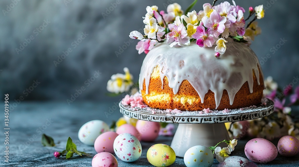 Beautifully Decorated Glazed Easter Cake with Flowers and Eggs
