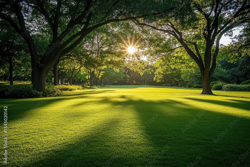 Fototapeta premium Lush parkland bathed in sunlight
