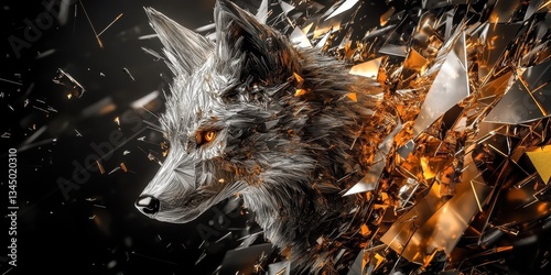 An artistic illustration showing a wolf breaking apart into shards of glass