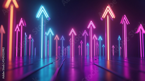 Vibrant neon arrows in a dark setting, symbolizing progress and direction in a futuristic landscape