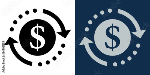 Financial flow and money circulation icon. Dollar sign with circular arrows and dots, symbolizing cash movement, transactions, banking, investment, and economic cycle