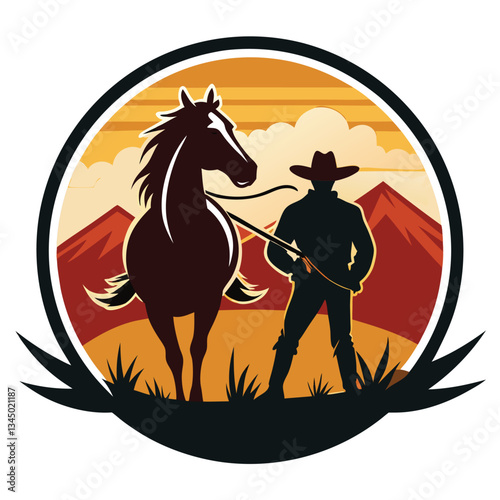 Vintage Silhouette of a Cowboy Leading a Horse, Perfect for Logos and Designs