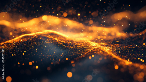 Abstract golden waves of light with sparkling particles creating a mesmerizing background effect