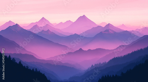 Serene mountain landscape at dusk with purple hues and layered peaks under a soft sky