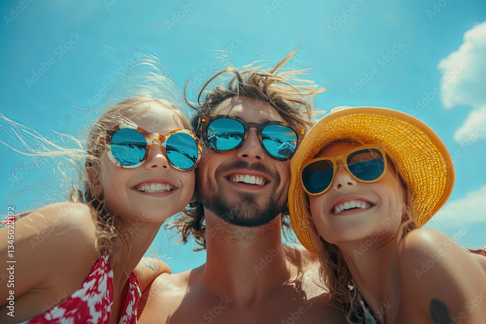 A smiling father with two children wearing sunglasses outdoors A smiling father with two children wearing sunglasses outdoors