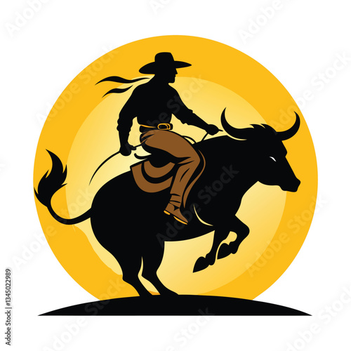 Wild Western Ride: Cowboy Riding a Raging Bull in Silhouette Rodeo Showdown