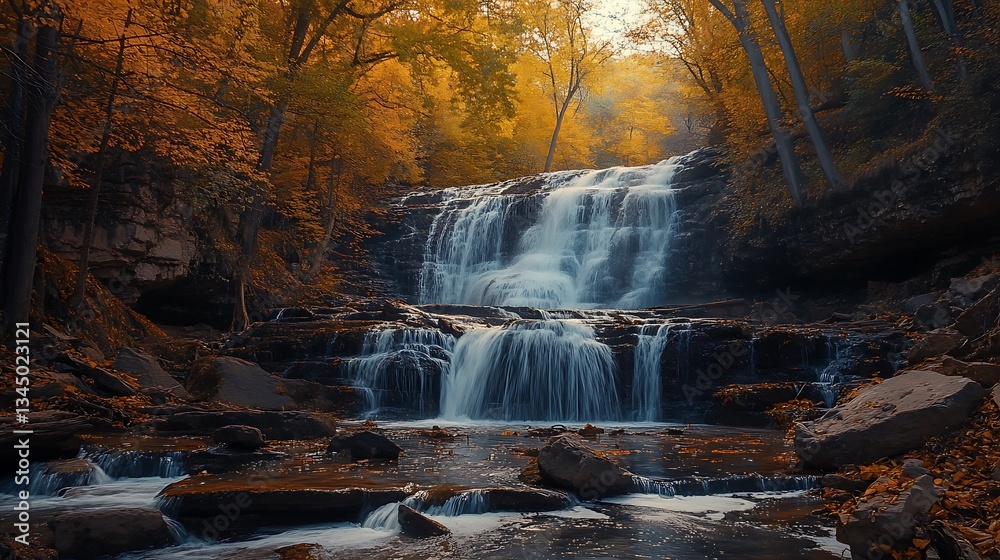 Fototapeta premium Autumn Waterfall in a Golden Forest