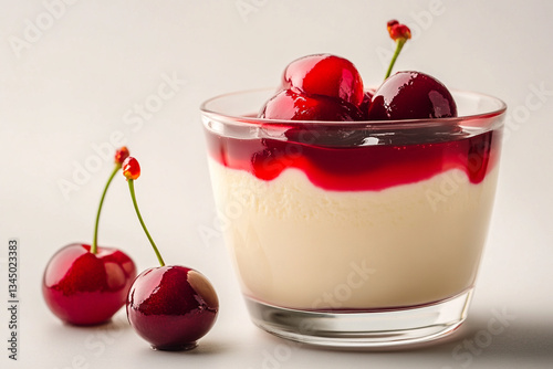 Dessert featuring creamy panna cotta topped with bright red cherries and glossy cherry syrup on a simple background