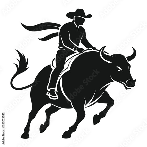 Silhouette of a Daring Cowboy Riding a Raging Bull at a Rodeo Competition