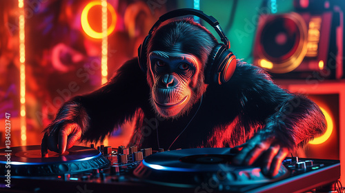 A chimpanzee wearing headphones is playing DJ in the club, surrounded by colorful lights and neon signs