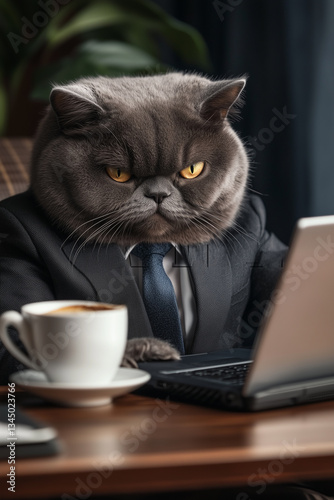 A fat, gray cat in a suit sitting at a desk with a laptop and coffee cup, with an angry expression